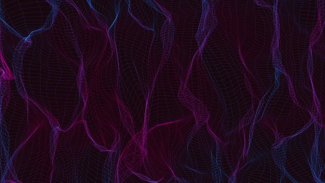 Technology abstract network colorful background. Futuristic wireframe lowpoly energy 3d animation loop CGI neon vaporwave