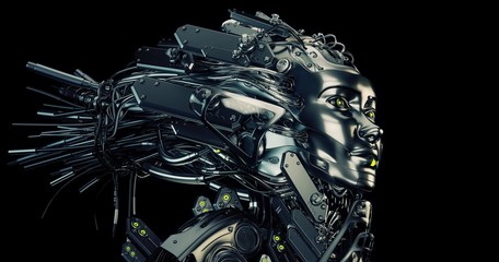 Steel robotic geisha on black background, 3d rendering