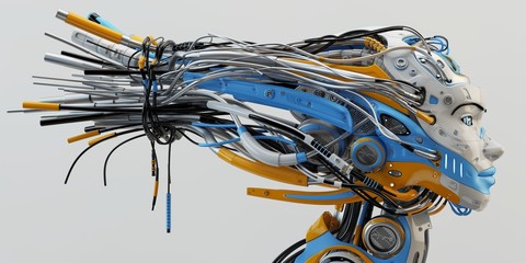 Fashionable robot geisha with bright blue and orange parts, wires. 3d rendering