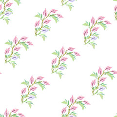 Floral background of delicate green leaves and pink flowers. Vintage light texture for cards, tiles, invitations, greetings and advertising.