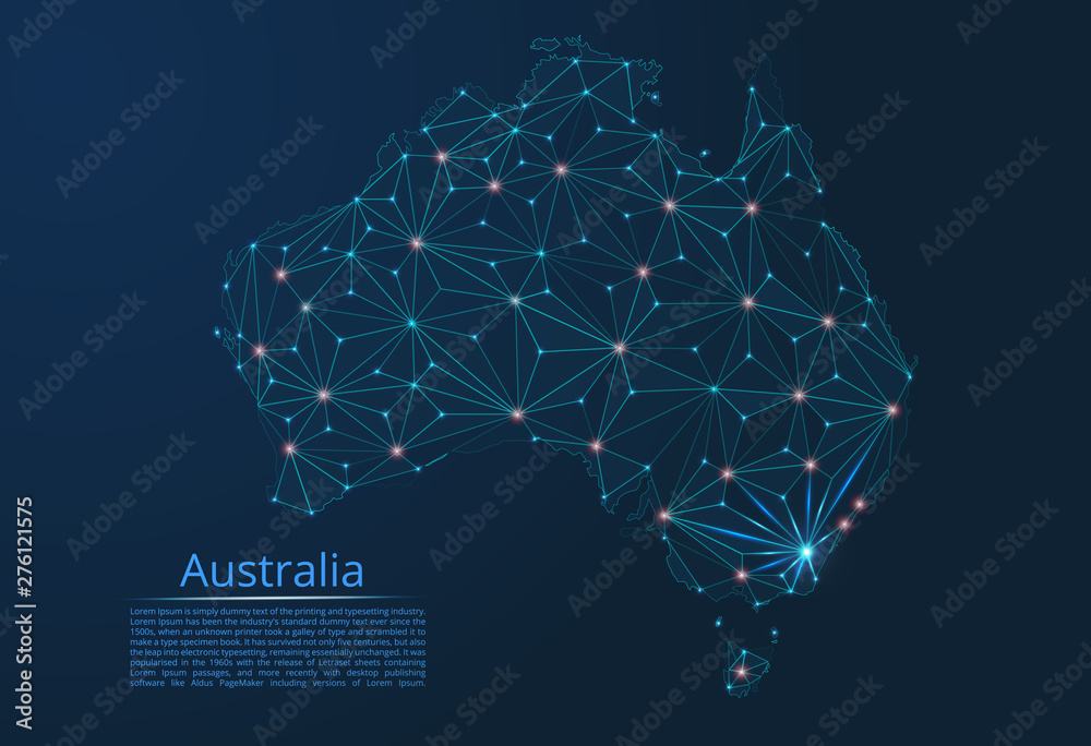 Poster australia communication network map. vector low poly image of a global map with lights in the form o