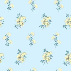 Tuinposter Florale achtergrond van delicate gele bloemen op blauw. Vintage lichte naadloze textuur voor kaarten, tegels, uitnodigingen, groeten en advertenties. © Irina