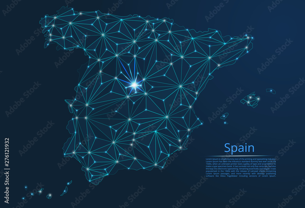 Poster spain communication network map. vector low poly image of a global map with lights in the form of ci