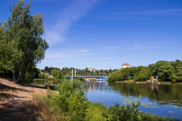 Fototapeta premium Yaroslavl; view of Kotoroslnaya embankment from the side of the Damansky island