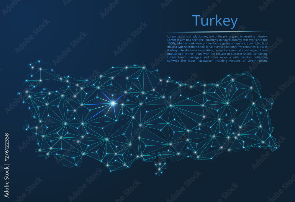 Poster turkey communication network map. vector low poly image of a global map with lights in the form of c