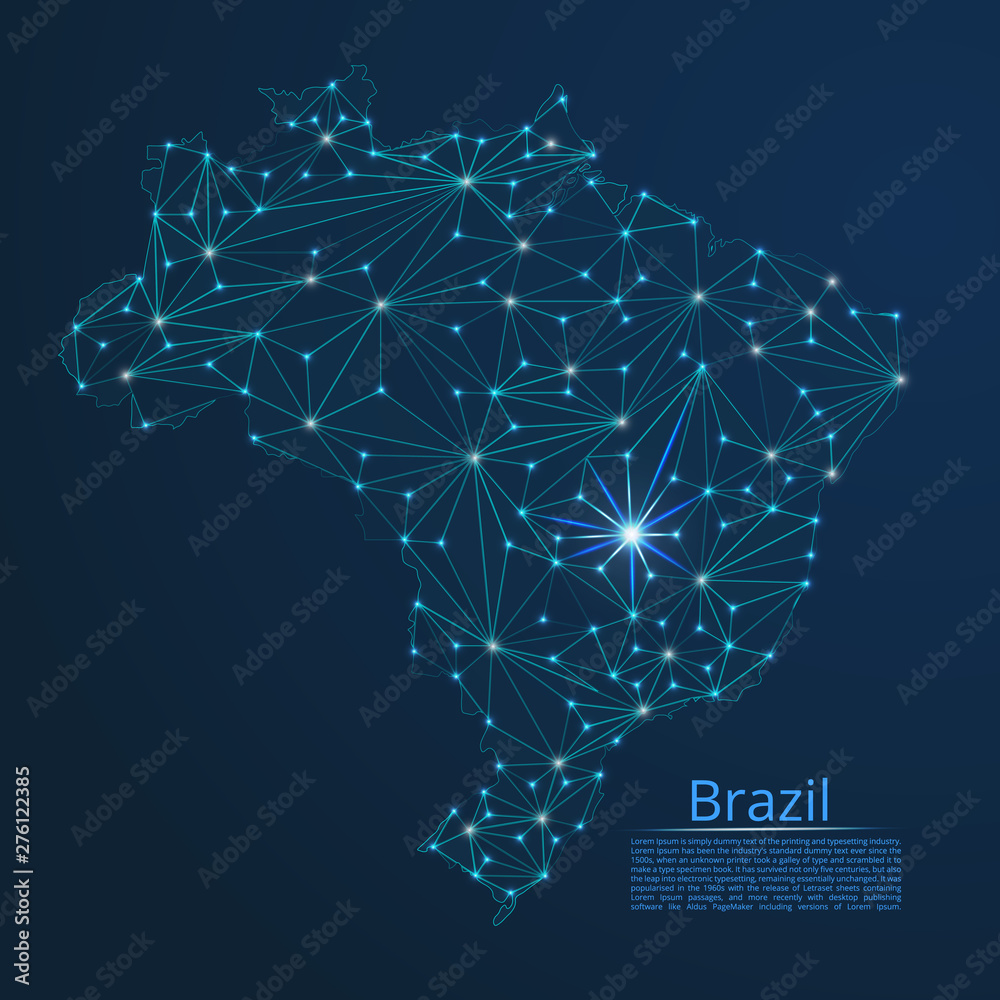 Poster brazil communication network map. vector low poly image of a global map with lights in the form of c