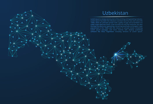 Uzbekistan communication network map. Vector low poly image of a global map with lights in the form of cities in or population density consisting of points and shapes in the form of stars and space.