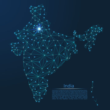 India Communication Network Map. Vector Low Poly Image Of A Global Map With Lights In The Form Of Cities In Or Population Density Consisting Of Points And Shapes In The Form Of Stars And Space.