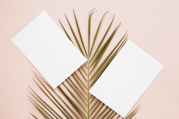 Flat lay of paper card template with leaf