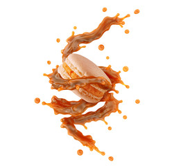 Traditional french cookie macaron, and 3D sweet caramel sauce splash isolated on white background. Tasty caramel flavored sweet cookies macaron cake with focus stacking. Sweet cake design elements
