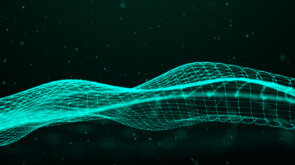 Wave with many dots. Network of particles connected by lines. Abstract digital background. Grid illustration. 3d rendering.