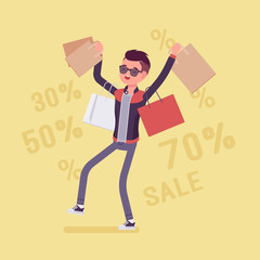 Sale for happy boy. Young man enjoys buying at lower price, consumer carrying out purchase bag after big shopping, getting goods. Vector flat style cartoon illustration, discount percentage background