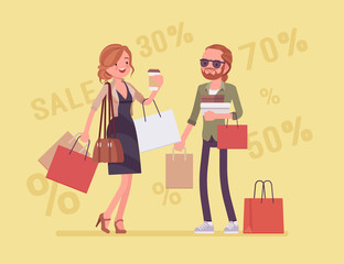 Sale for happy couple. Man and woman enjoy shopping together, buying goods at lower price, consumers getting a good bargain. Vector flat style cartoon illustration, discount percentage at background