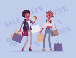 Sale for happy black couple. Man, woman enjoy shopping together, buying goods at lower price, consumers getting a good bargain. Vector flat style cartoon illustration, discount percentage background