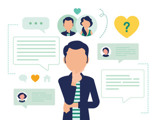 Dating service for a male user. Man using social website or matchmaking application, seeking a romantic companion, partner, meet girlfriend online. Vector abstract illustration with faceless character