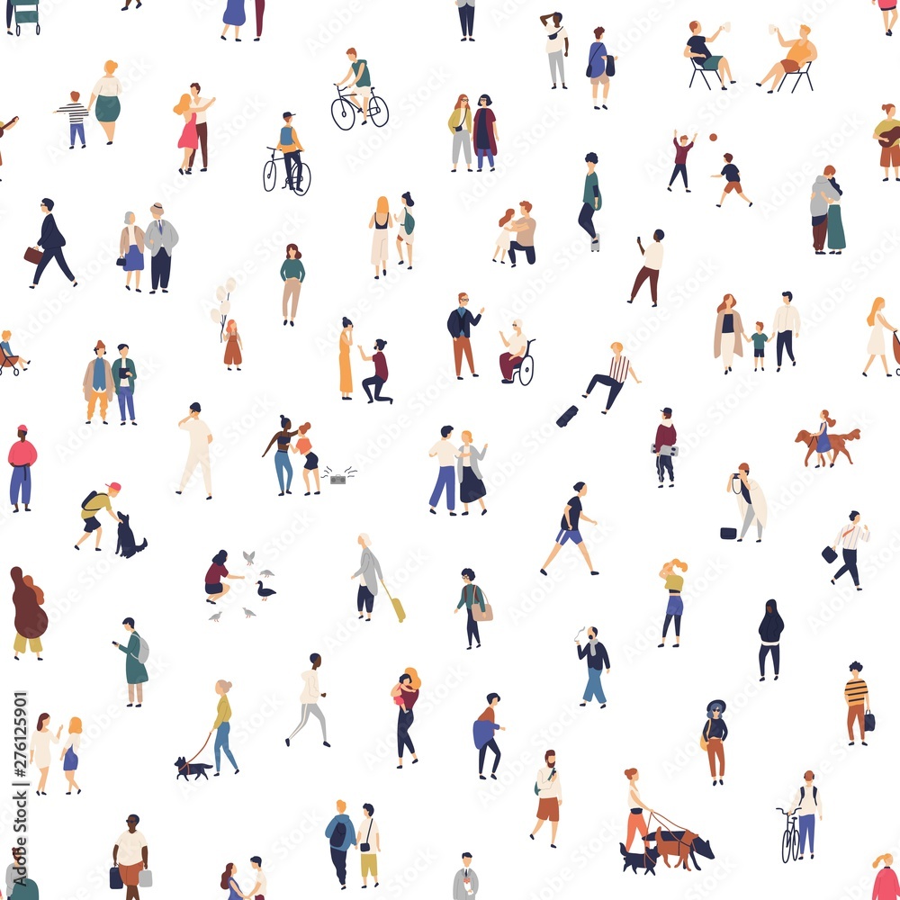 Poster modern seamless pattern with crowd of walking on street, riding bike, playing games. backdrop with m
