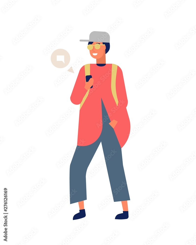 Poster Cheerful man sending messages or texting on smartphone while walking. Happy boy surfing internet or using online messenger on mobile phone. Electronic communication. Flat cartoon vector illustration.
