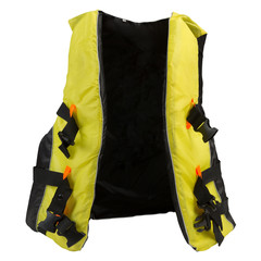 yellow life jacket, on a white background, the vest is unfastened, frontal arrangement
