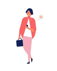 Elegant young lady sending messages on smartphone while walking. Smiling woman using online messenger on mobile phone. Internet communication through social network. Flat cartoon vector illustration.