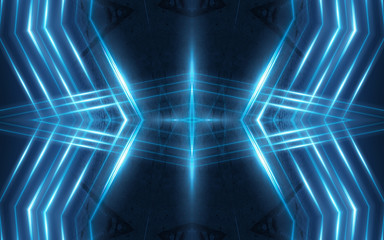 Dark abstract futuristic background. Neon lines glow. Neon lines, shapes. Blue glow