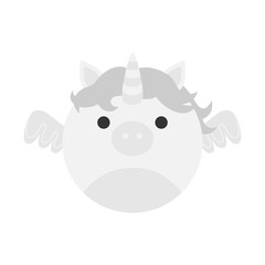 Cute pegasus round graphic vector icon. White, grey unicorn, pegasus, horse with horn and wings. Mythical creature head, face illustration. Isolated.
