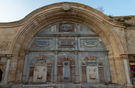 Wall with taps of the fountain Sabil Suleiman at the Mahmoudiya Mosque in old Jaffa, Israel