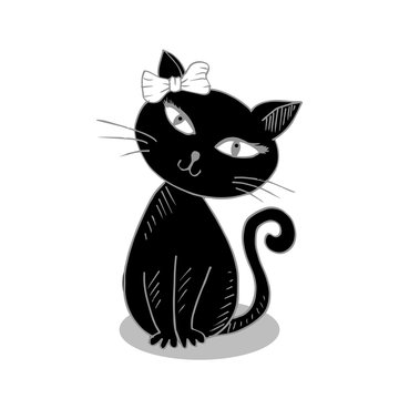 Cute cat with ribbon bow head . Vector hand drawing