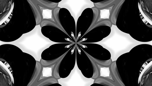 4k loop animation with black and white ribbons are twisted and form complex structures like symmetric ornament pattern or kaleidoscopic effect. Seamless footage with luma matte as alpha channel. 38