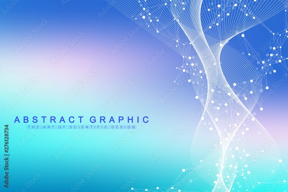 Poster big genomic data visualization. dna helix, dna strand, dna test. molecule or atom, neurons. abstract