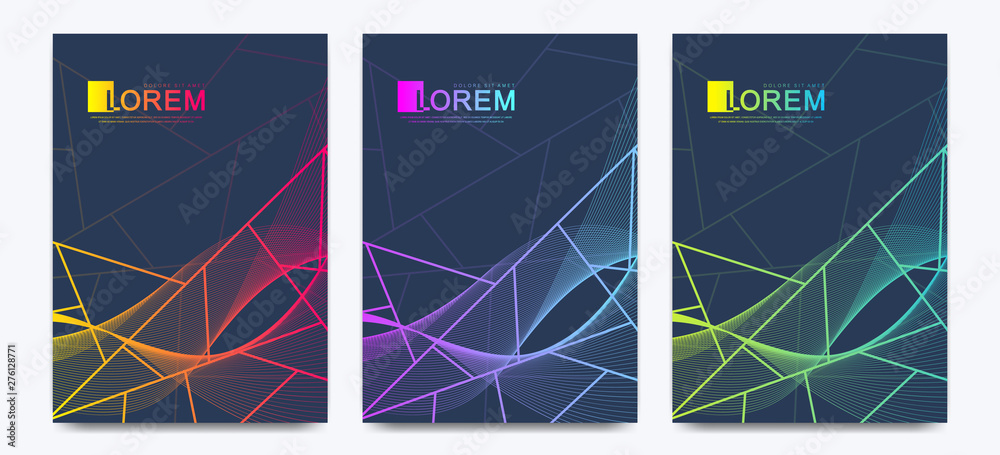 Poster Modern vector template wedding invitation cards with marble texture background and colorful geometric lines in the A4 size