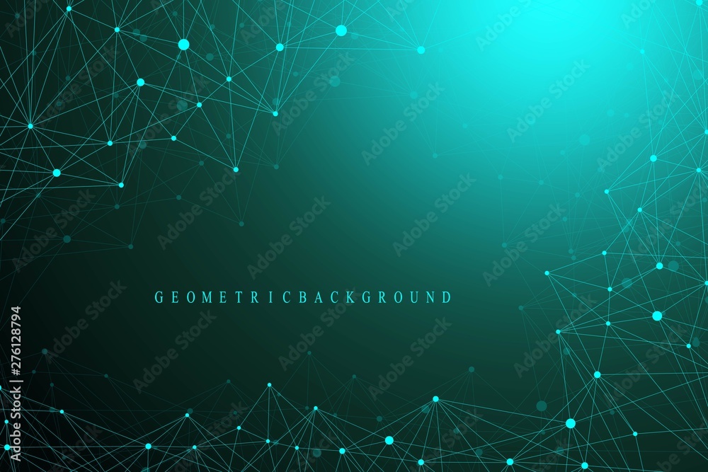 Poster Geometric graphic background molecule and communication. Connected lines with dots. Minimalism chaotic illustration background. Concept of the science, chemistry, biology, medicine, technology vector