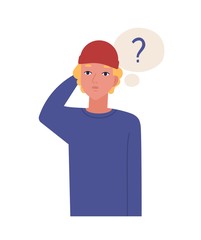 Cute pensive teenage boy isolated on white background. Funny thoughtful guy in hat and thought balloon with interrogation point. Young man thinking or contemplating. Flat cartoon vector illustration.