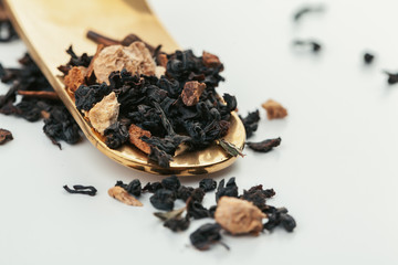 Heap of dried  tea leaves close up