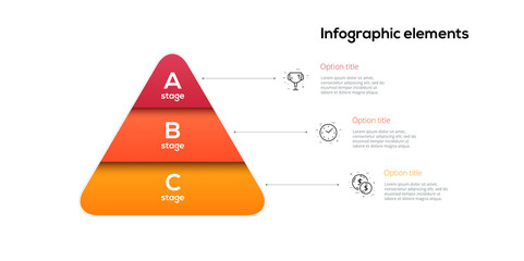 Business pyramid chart infographics with 3 steps. Pyramidal stages graph elements. Company hiararchy levels presentation template. Vector info graphic design. - obrazy, fototapety, plakaty