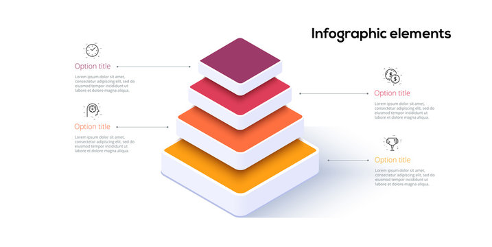 Business pyramid chart infographics with 4 steps. Pyramidal stages graph elements. Company hiararchy levels presentation template. Vector info graphic design.