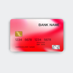 Modern red credit card design. With inspiration from abstract. On white background. Glossy plastic style.