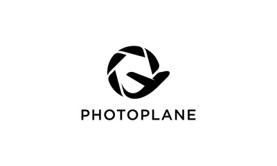 camera lens photography with plane logo design concept