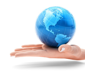 Global business and global communication concept, holding the blue globe of planet Earth on an open human palm, isolated on white