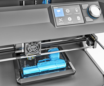 Objects creation and printing technology concept, plastic firearms weapon printed on 3d printer