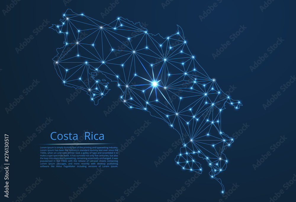Poster costa rica communication network map. vector low poly image of a global map with lights in the form 