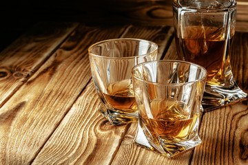 Strong Spirits Set. Hard alcoholic drinks in glasses