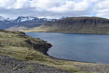 Mountains and a blue lake on the way to Grundarfjödur in the west of Iceland