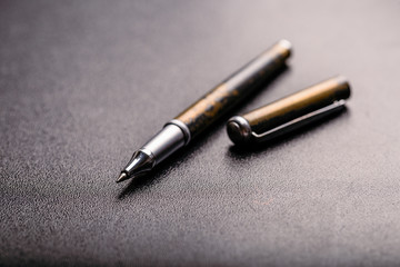 automatic plastic ballpoint pen with clipping path on black background. close up.