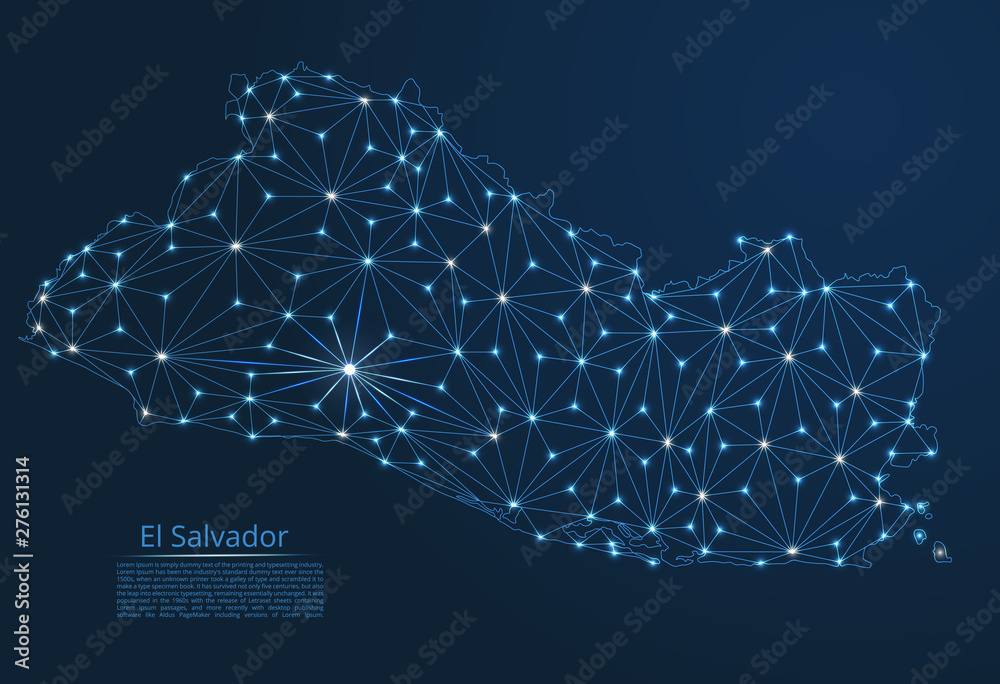 Poster map of el salvador connection. vector low-poly image of a global map with lights in the form of citi