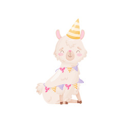 Cute cartoon llama in a cap cone on the head. Vector illustration on white background. © Happypictures