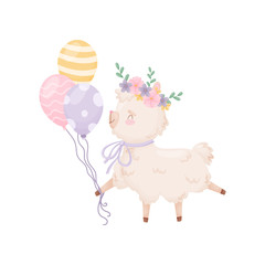 Cute cartoon llama carries balloons. Vector illustration on white background.