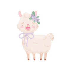 Cute cartoon llama with a bow at the neck stands. Vector illustration on white background.