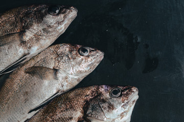 Fresh organic fish on ice on the market on dark vintage background  close-up.