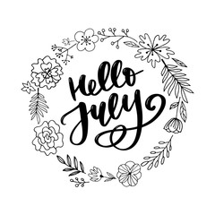 Hello july lettering print. Summer minimalistic illustration. Isolated calligraphy on white background.