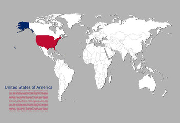 Map of the United States of America highlighted in blue and red colors on the world map
